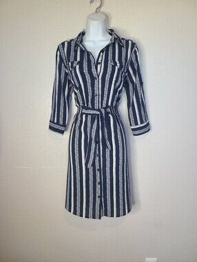 Millenium Striped Navy Blue & White Shirt Dress with Belt Bjtton Up Front